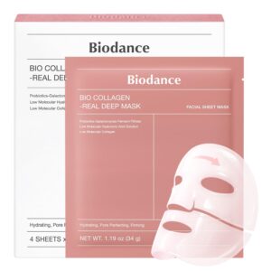 BIODANCE Bio-Collagen Real Deep Mask, Hydrating Overnight Hydrogel Face Mask, Pore Minimizing, Elasticity, Plumping, Travel Essentials & Self Care Gifts for Women, Korean Skin Care - 34g x 4Pcs